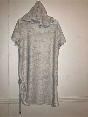 Striped Light Gray Hooded Swim Coverup with Side Drawstring
